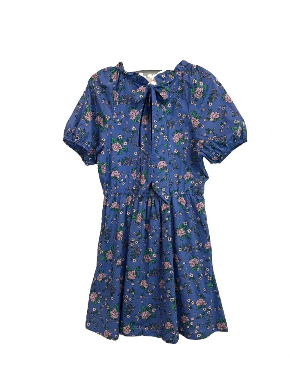 J. Crew Coastline Blue Floral Ruffle-Neck Casual Dress Sz 10 100% Cotton - Picture 2 of 8